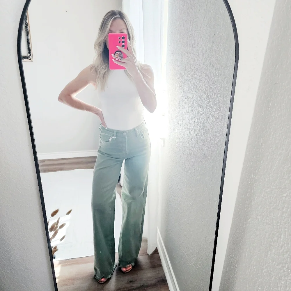 RISEN High Rise Wide Leg Olive Denim Jeans Classic Frayed Hem Size 1/25 NEW - Picture 4 of 15